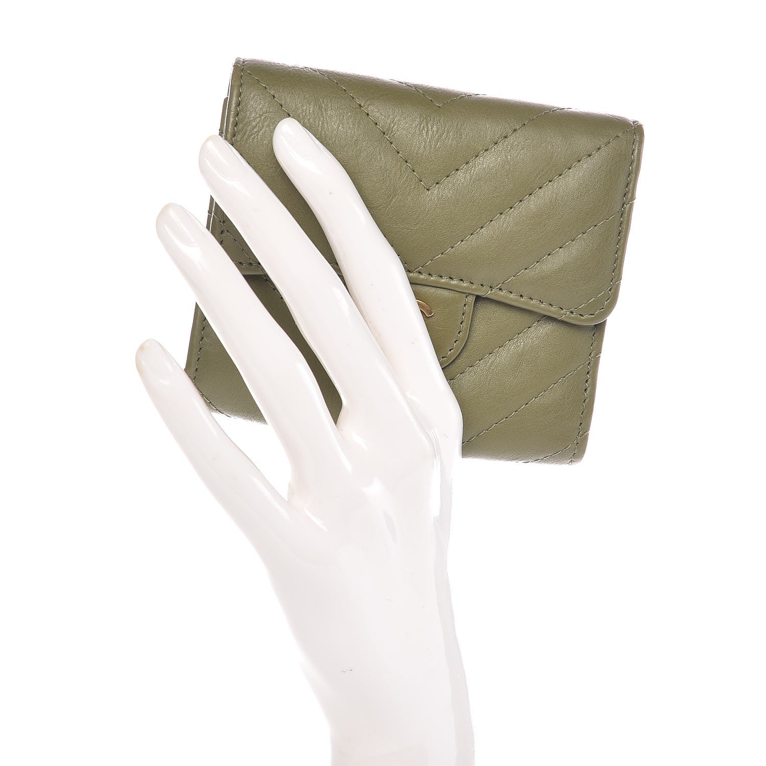 Chanel Calfskin Chevron Quilted Compact Flap Wallet Khaki 2 of 8
