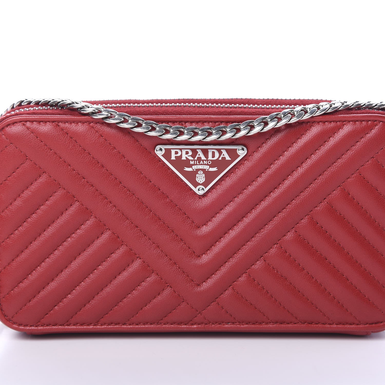 Prada Nappa Impunture Diagramme Mini Double Zip Chain Crossbody Bag Fuoco 9 of 11
