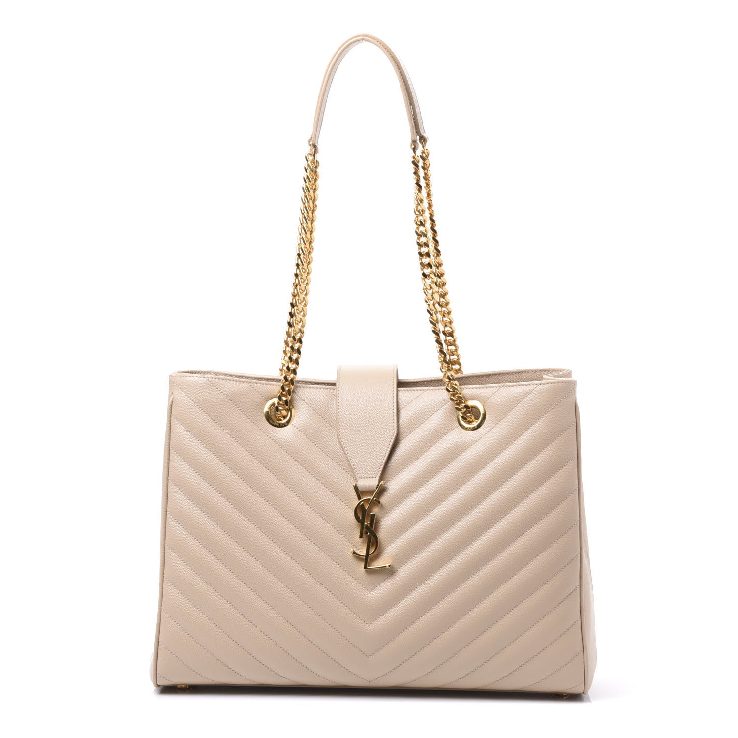 Saint Laurent Grain De Poudre Matelasse Chevron Monogram Shopping Bag Dark Beige 1 of 9