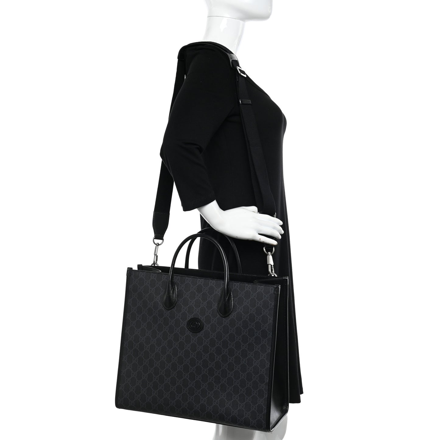 GG Supreme Monogram Azalea Calfskin Web Medium Retro Interlocking G Tote Bag Black
