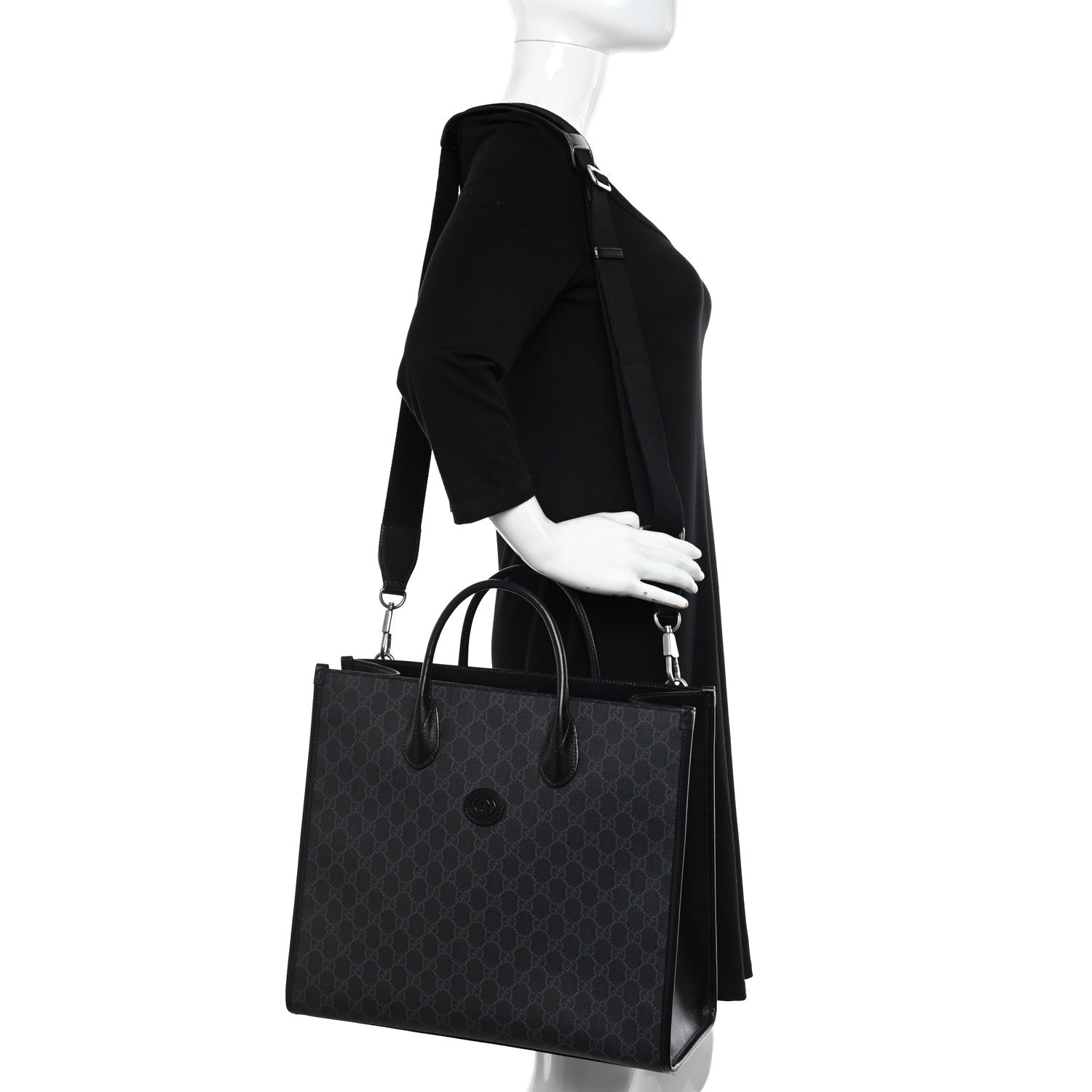 Gucci GG Supreme Monogram Azalea Calfskin Web Medium Retro Interlocking G Tote Bag Black 2 of 9