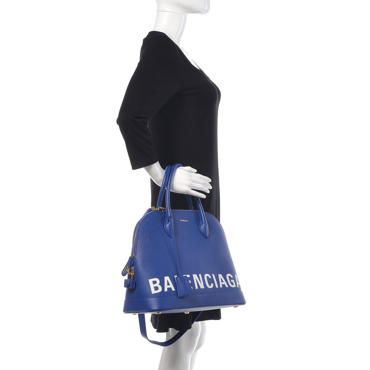 Signature Grained Calfskin Logo M Ville Top Handle Bag Bleu Roi White