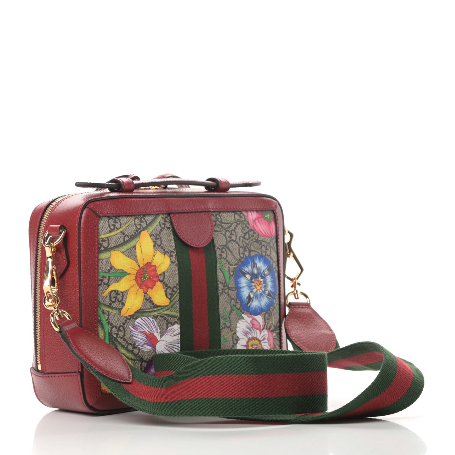 GG Supreme Monogram Flora Web Small Ophidia Top Handle Shoulder Bag Hibiscus Red