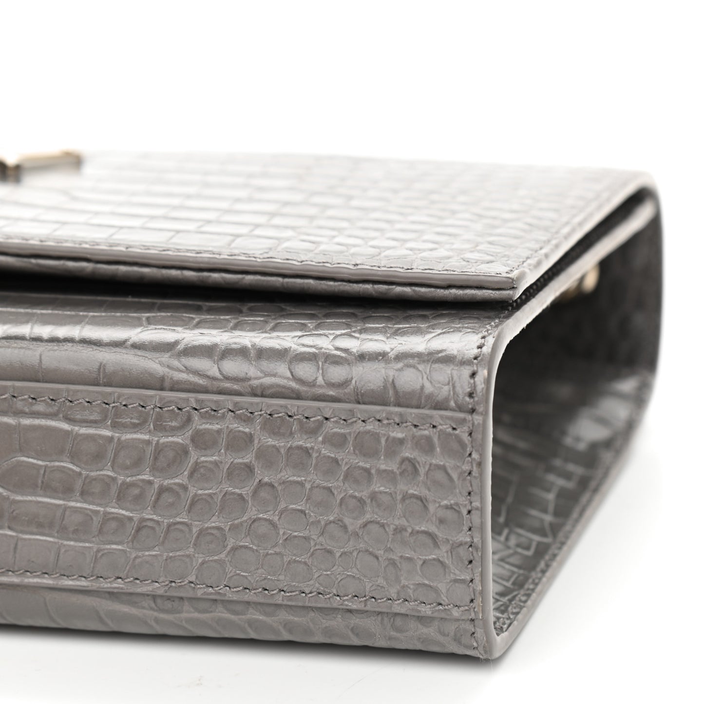 Calfskin Crocodile Embossed Medium Classic Monogram Kate Tassel Satchel Earth Grey