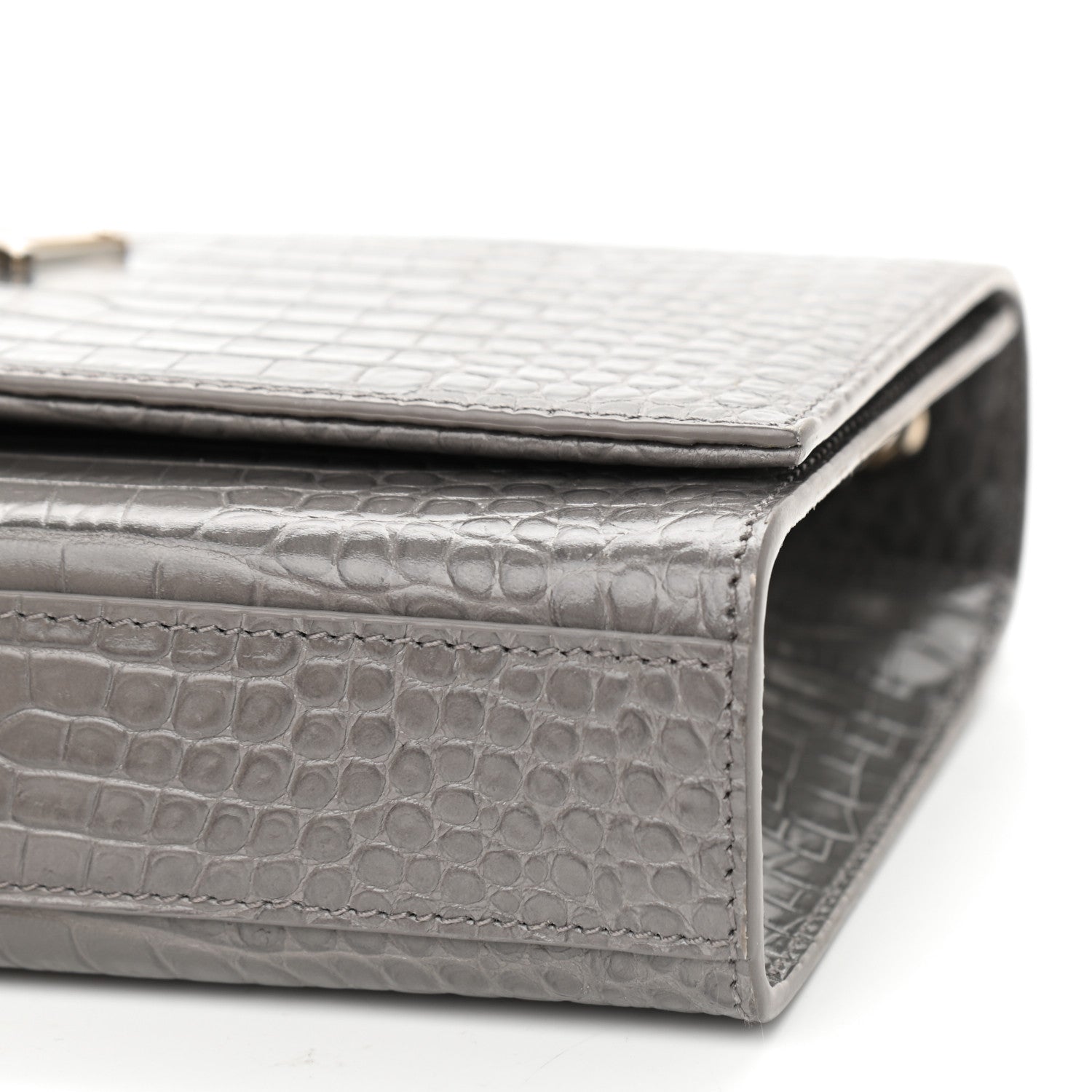 Saint Laurent Calfskin Crocodile Embossed Medium Classic Monogram Kate Tassel Satchel Earth Grey 9 of 9