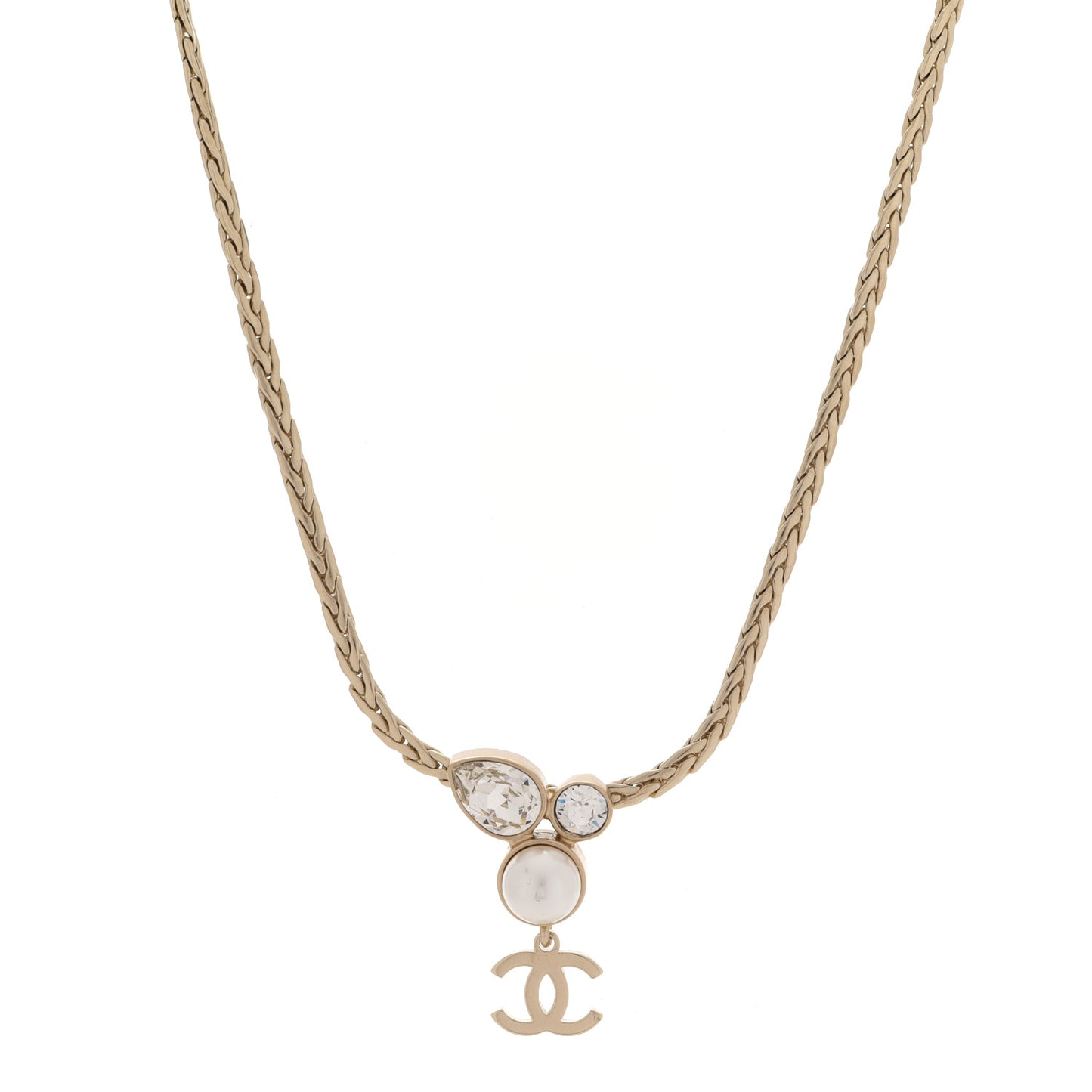 Pearl Crystal CC Teardrop Braided Necklace Gold