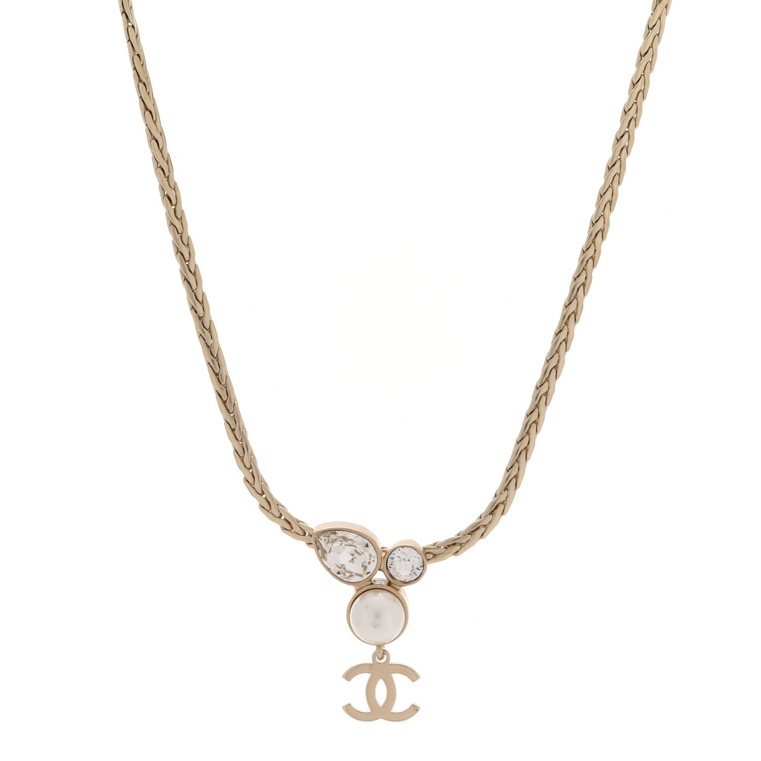 Chanel Pearl Crystal CC Teardrop Braided Necklace Gold 1 of 6