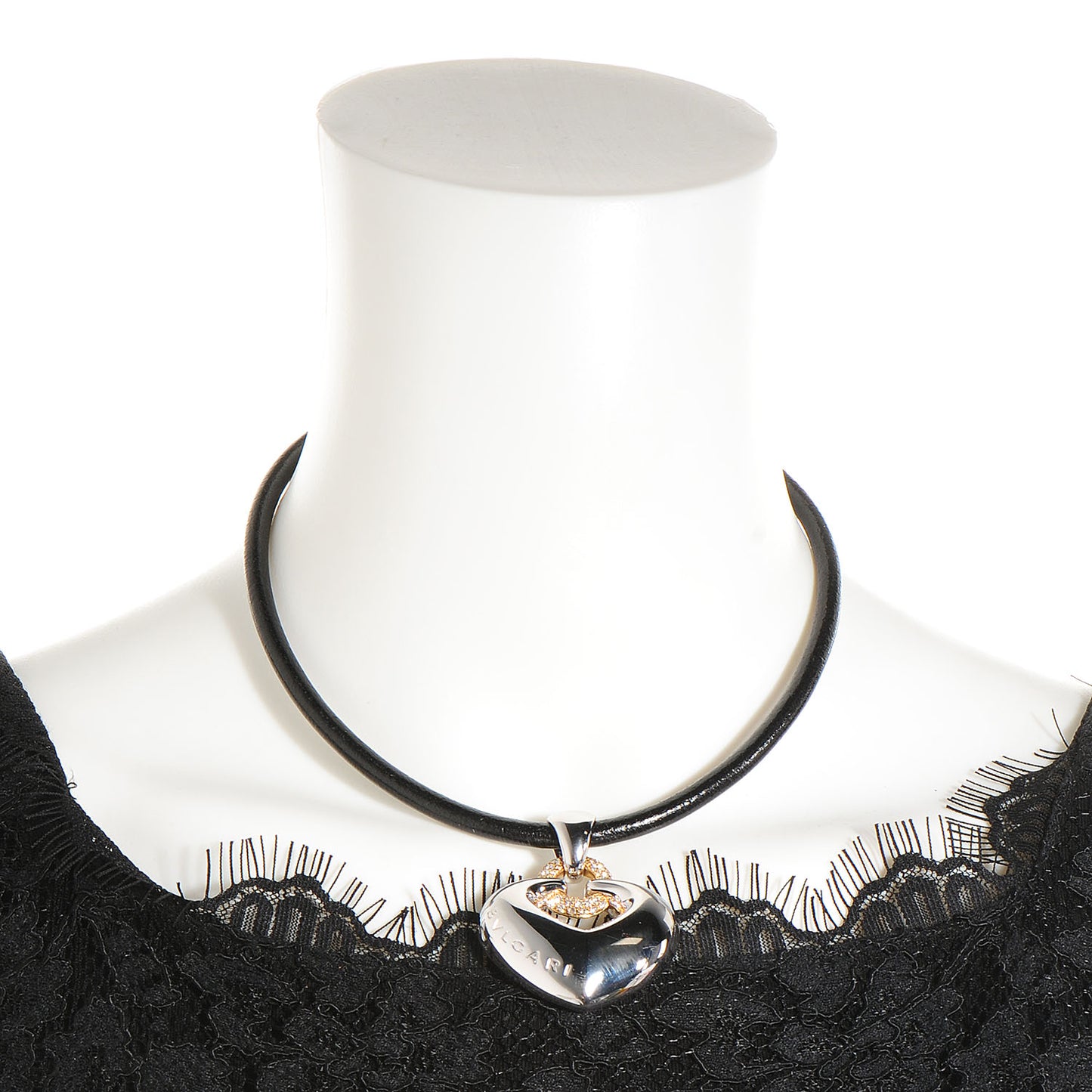BVLGARI 18K Gold Diamond Heart Pendant Cord Necklace