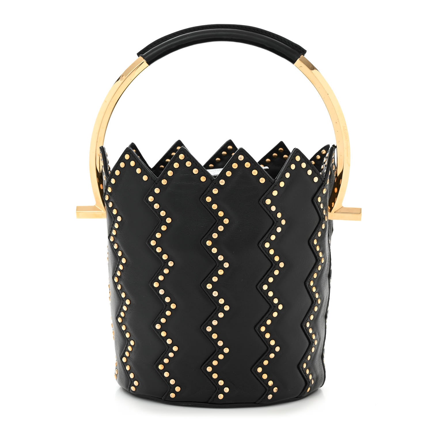 Salvatore Ferragamo X SARA BATTAGLIA Calfskin Studded Zig Zag Bucket Shoulder Bag Black 1 of 10