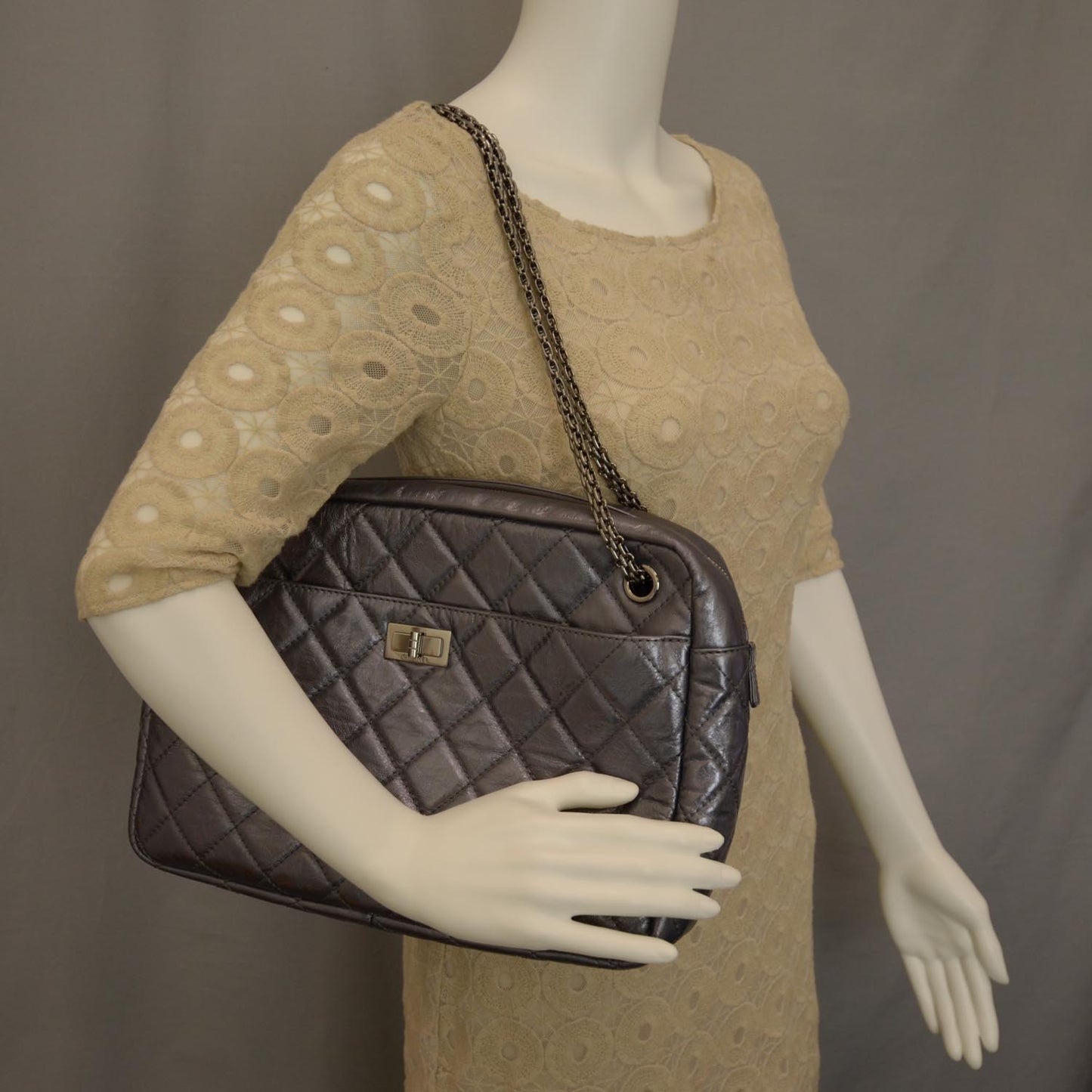 Metallic Aged Calfskin Quilted Large Reissue Camera Case Silver
