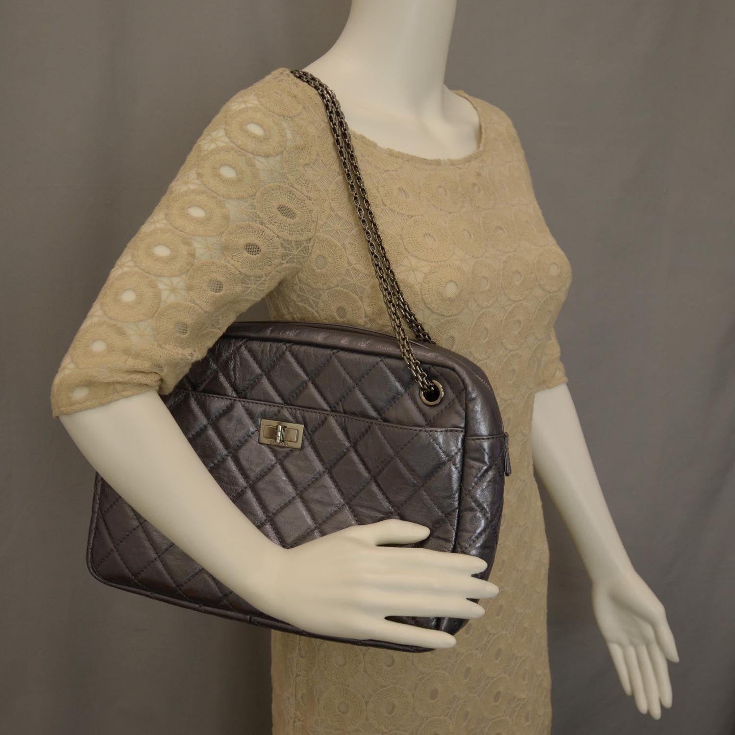 Chanel Metallic Aged Calfskin Quilted Large Reissue Camera Case Silver 2 of 9