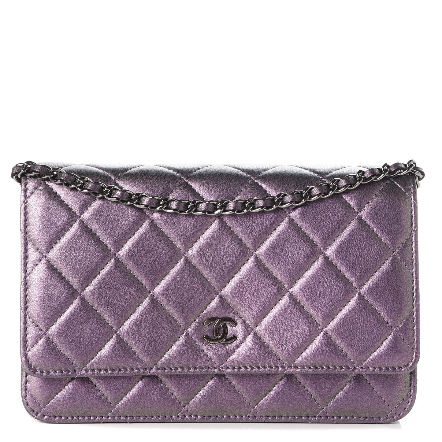 Iridescent Lambskin Quilted Wallet On Chain WOC Dark Purple