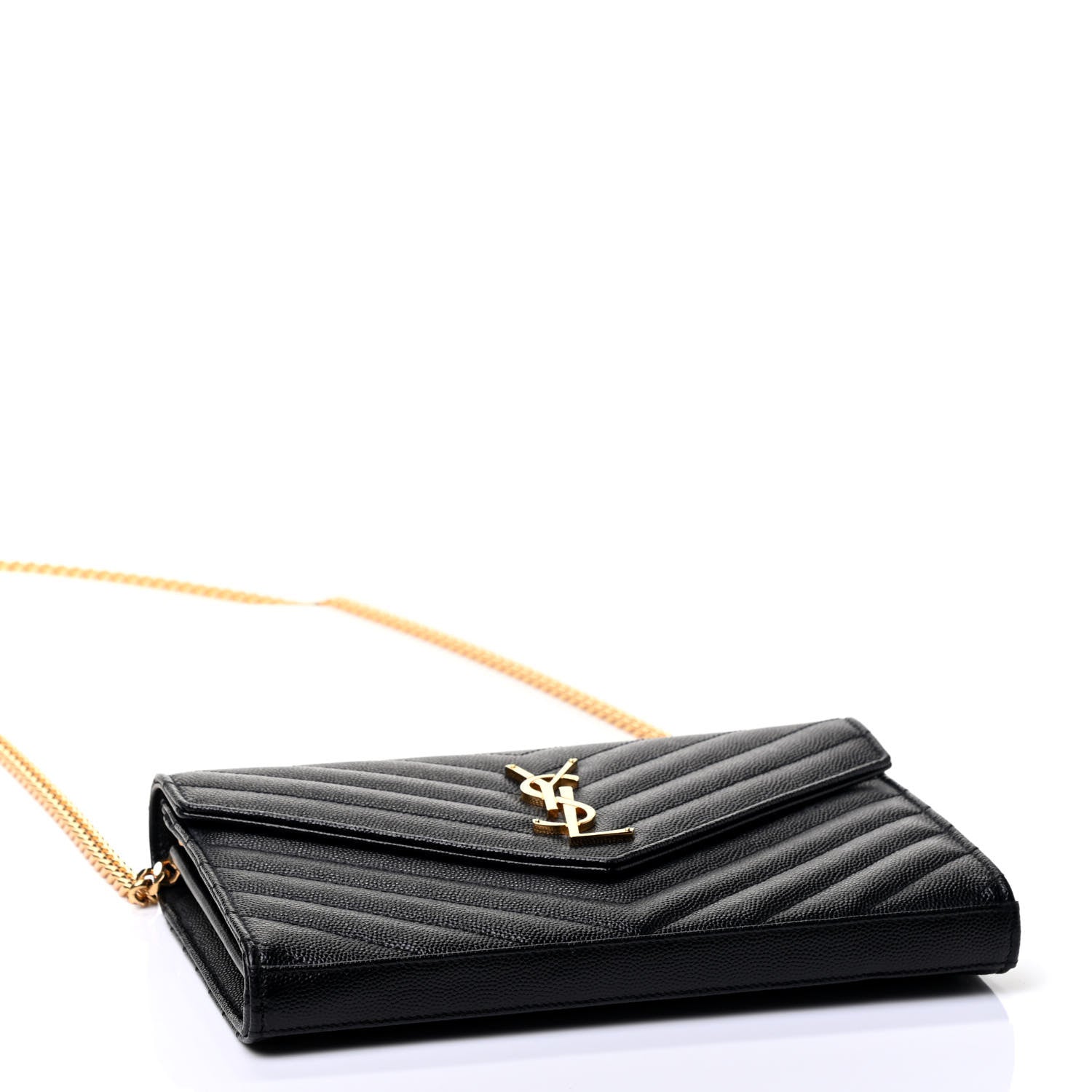 Saint Laurent Grain De Poudre Matelasse Chevron Monogram Chain Wallet Black 3 of 4