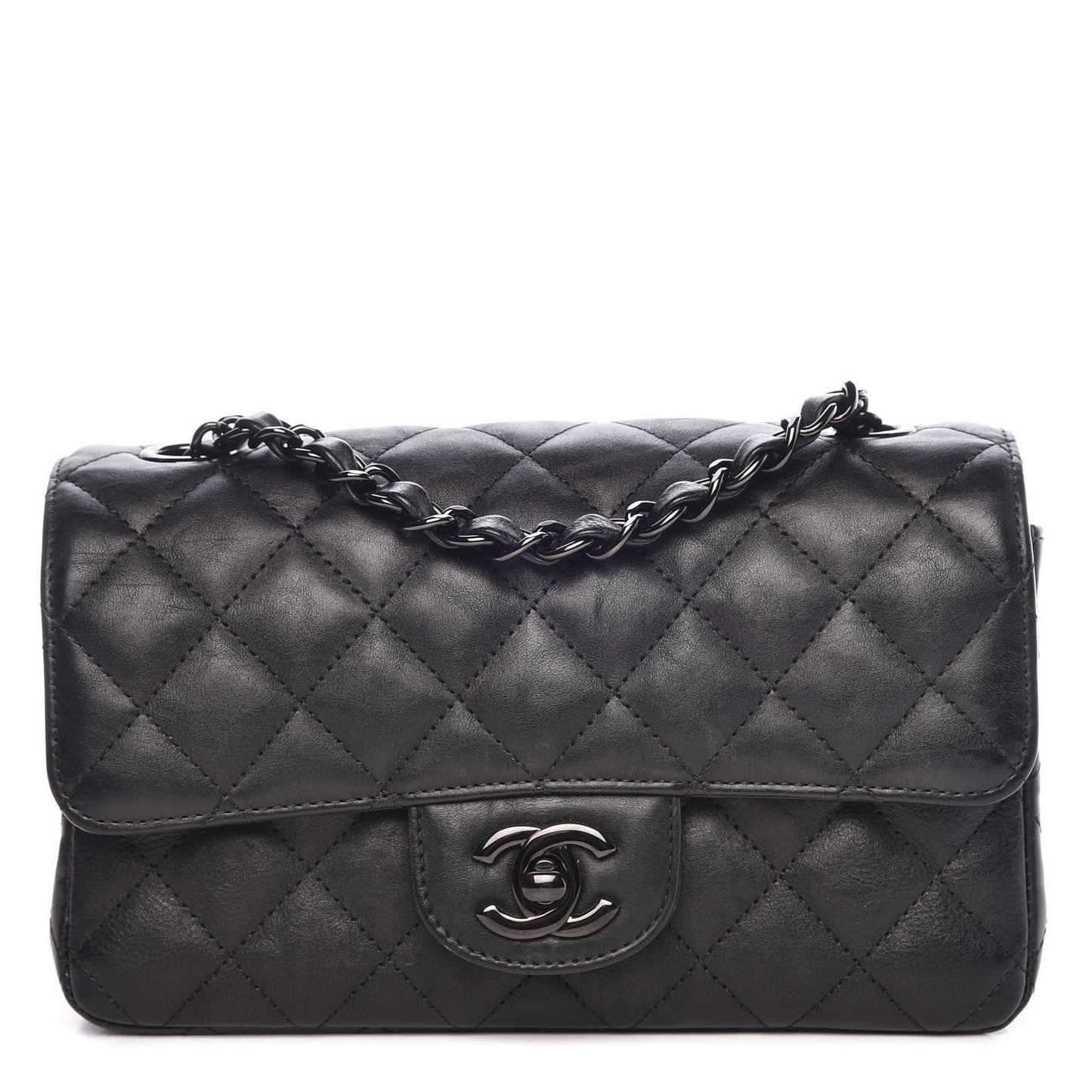 Crumpled Calfskin Quilted Mini Rectangular Flap So Black