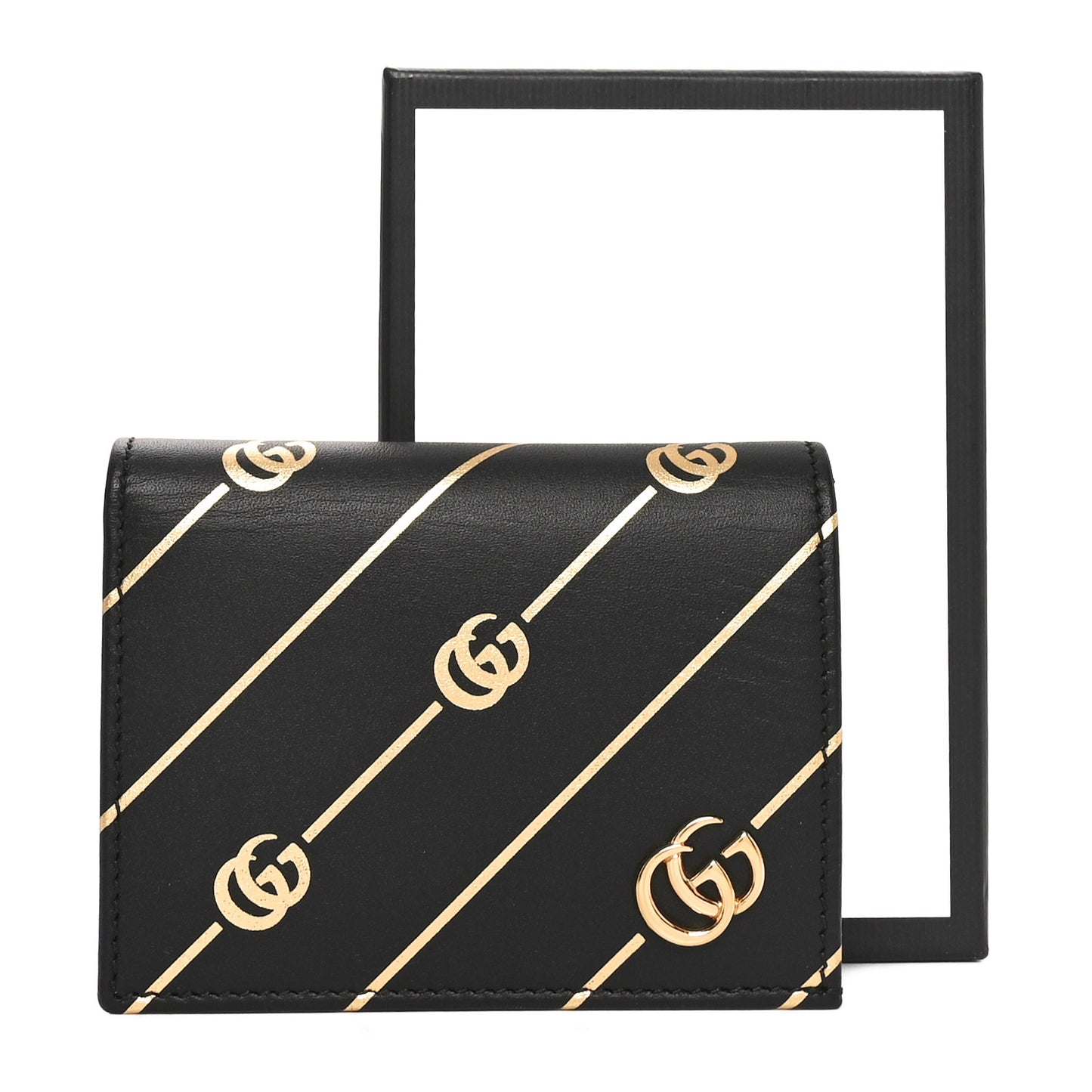 Calfskin Diagonal GG Card Case Black Gold