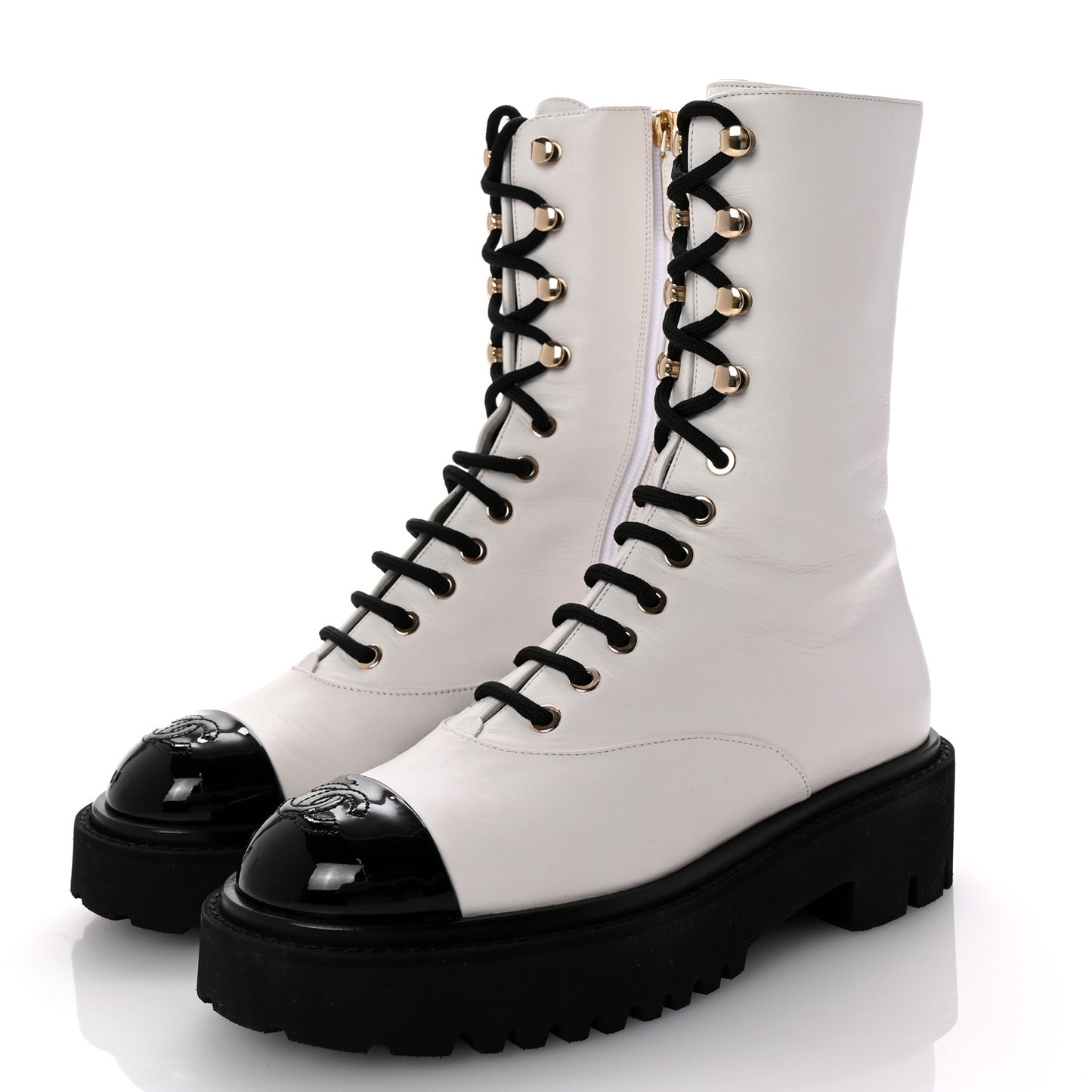 Crumpled Calfskin Patent Cap Toe Lace Up Combat Boots 36 White Black