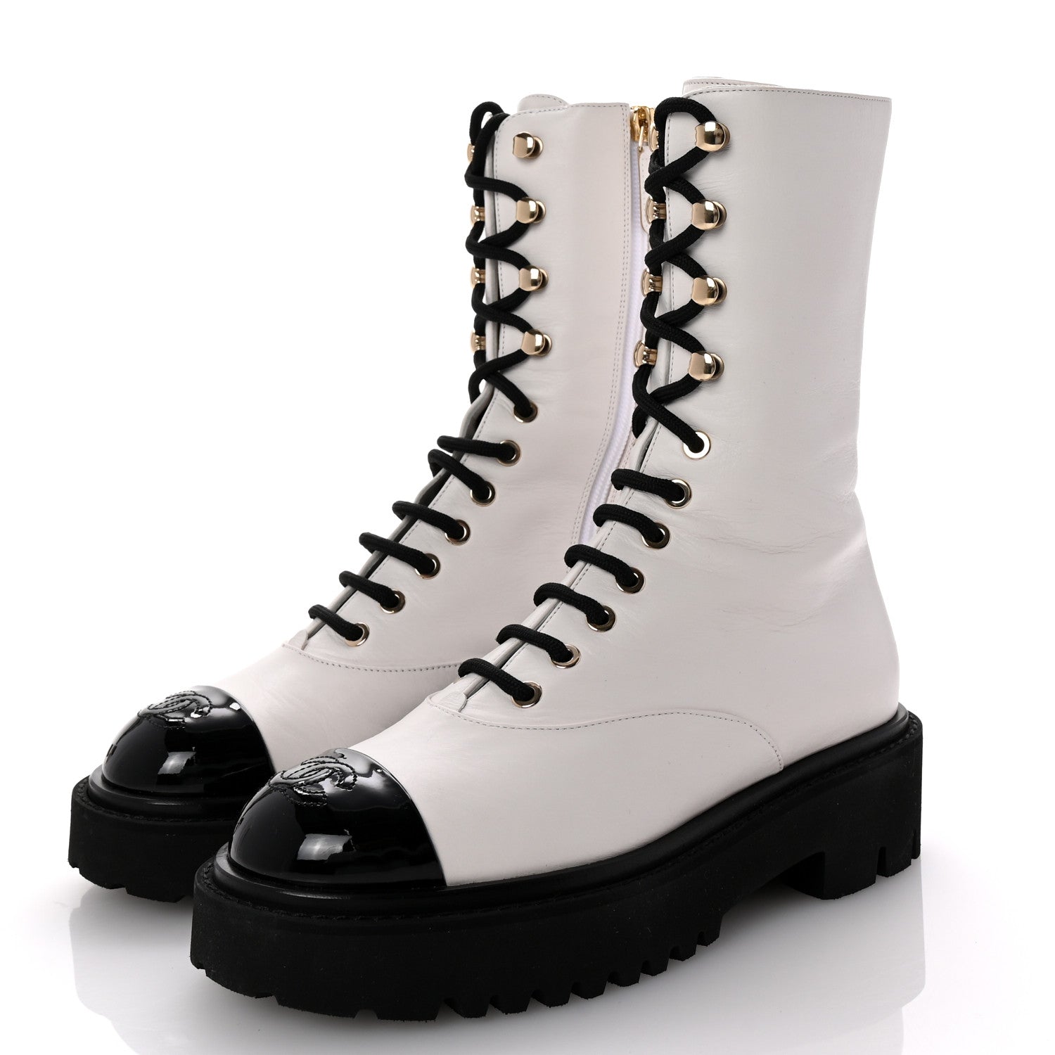 Chanel Crumpled Calfskin Patent Cap Toe Lace Up Combat Boots 36 White Black 4 of 9