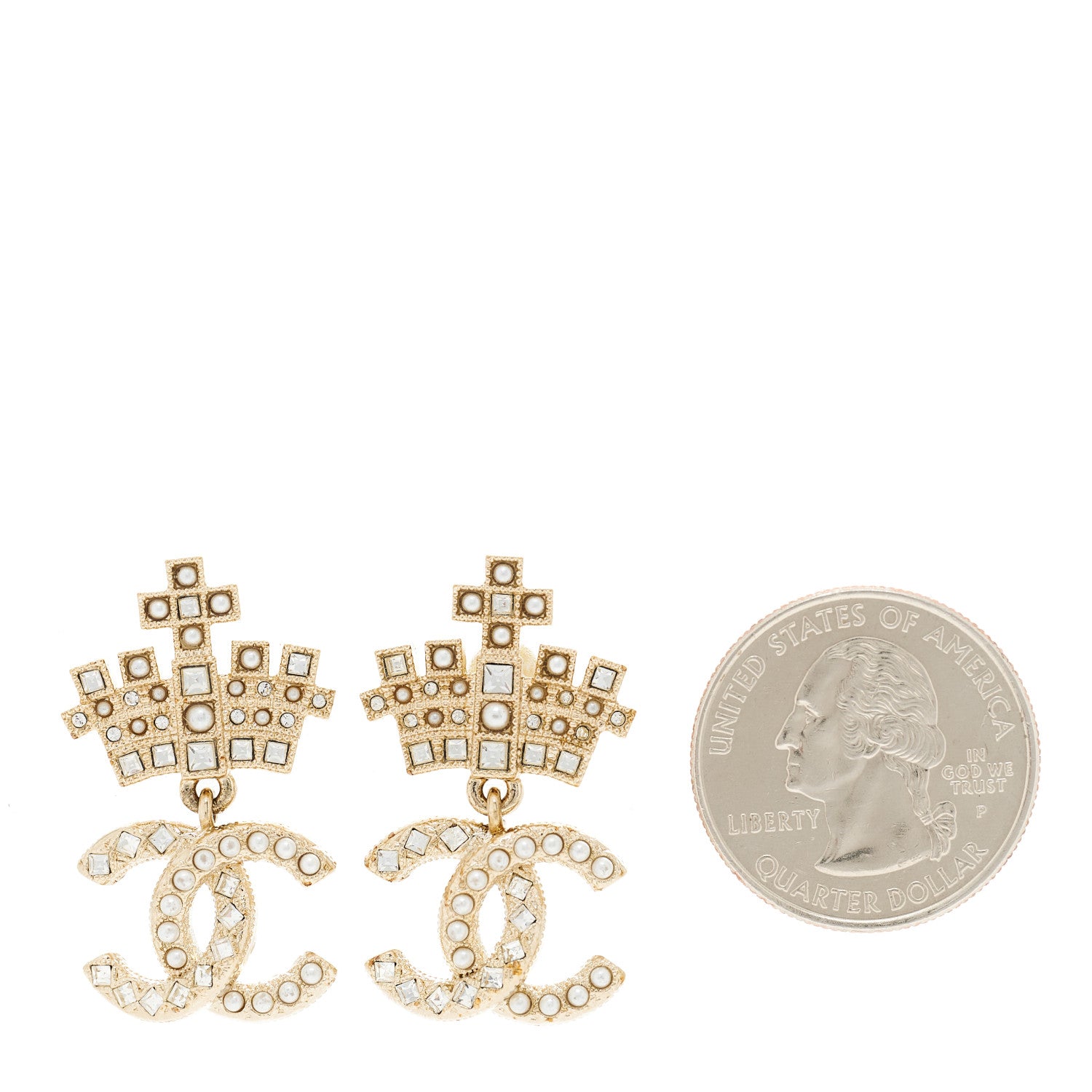 Chanel Crystal CC Crown Drop Earrings Gold 2 of 5