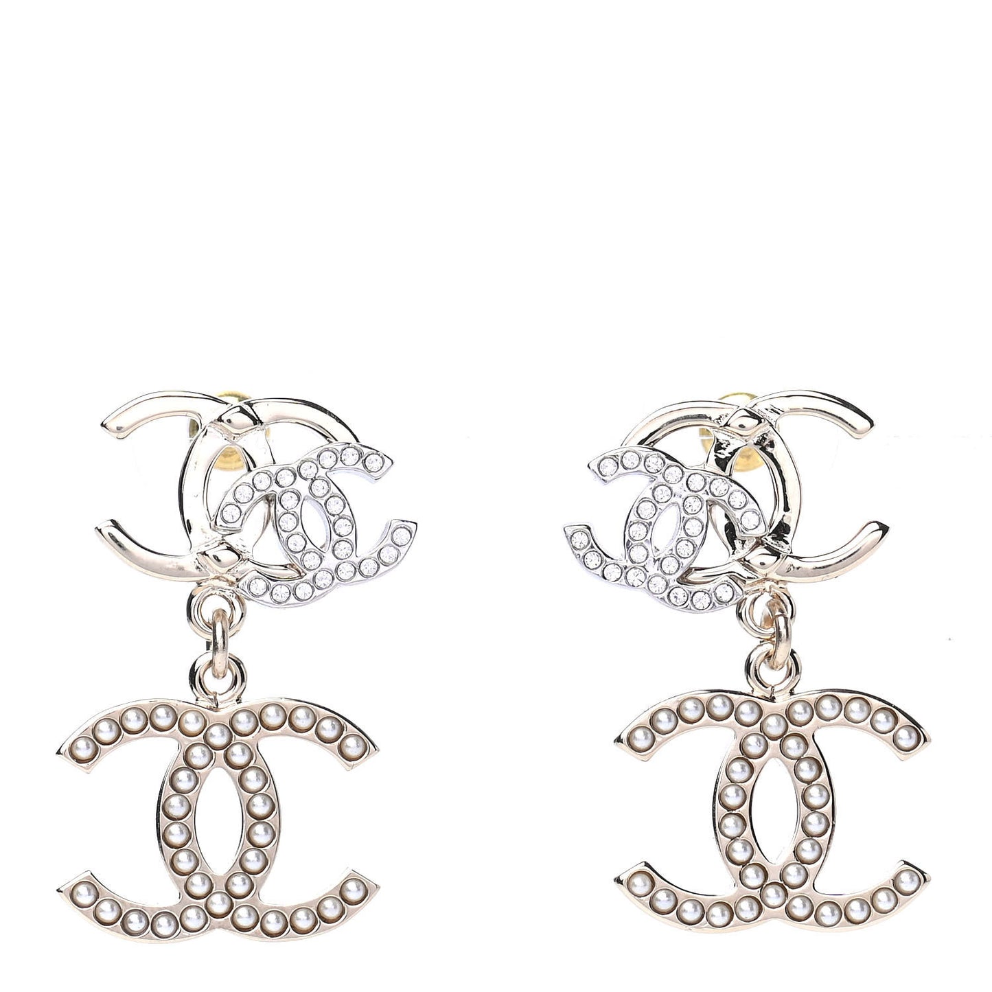 Crystal Pearl Double CC Drop Earrings Gold Silver