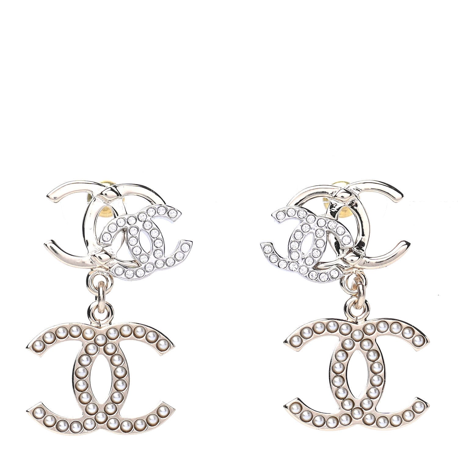 Chanel Crystal Pearl Double CC Drop Earrings Gold Silver 1 of 4