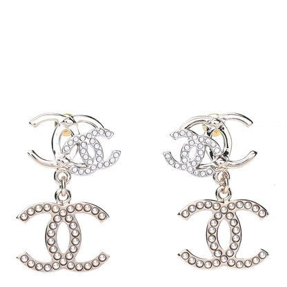 Chanel Crystal Pearl Double CC Drop Earrings Gold Silver 1 of 4