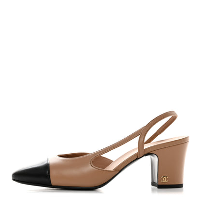 Chanel Goatskin Grosgrain Cap Toe CC Slingback Pumps 39 Dark Beige Black 1 of 9