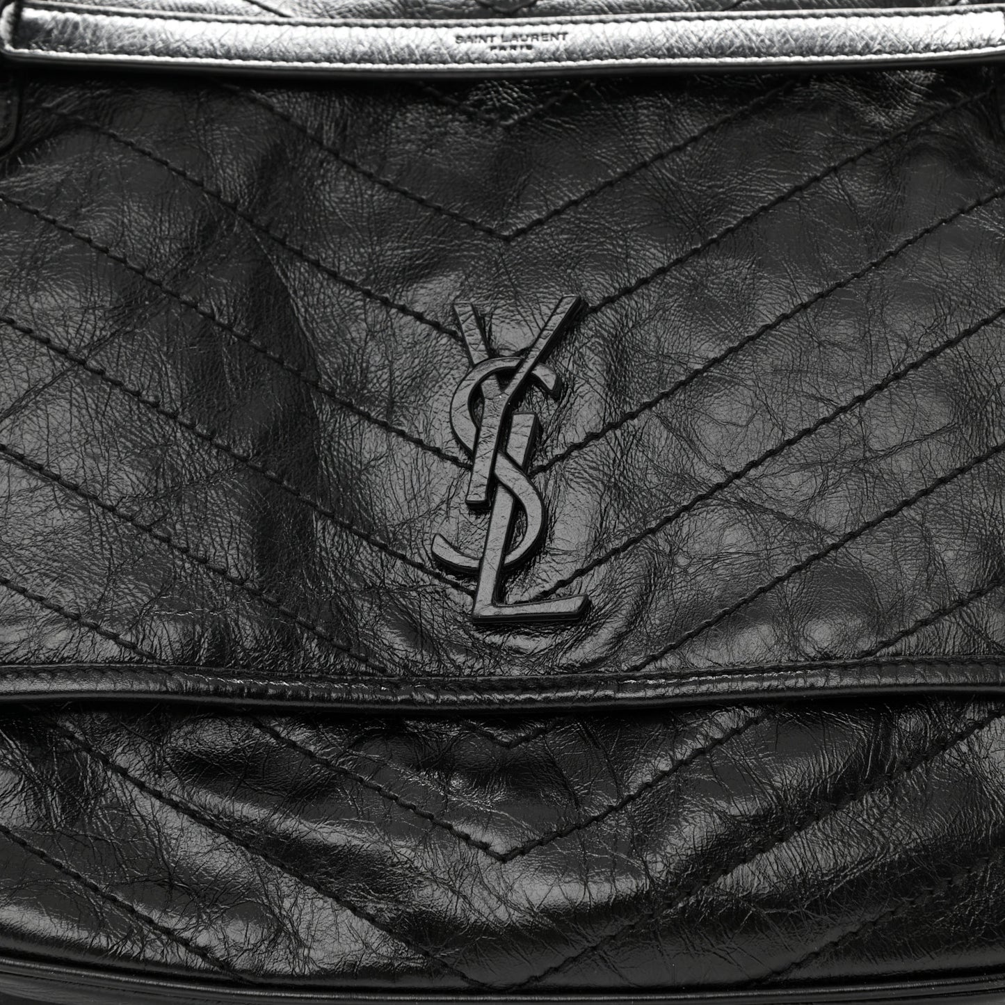 Crinkled Calfskin Matelasse Monogram Large Niki Chain Satchel Black