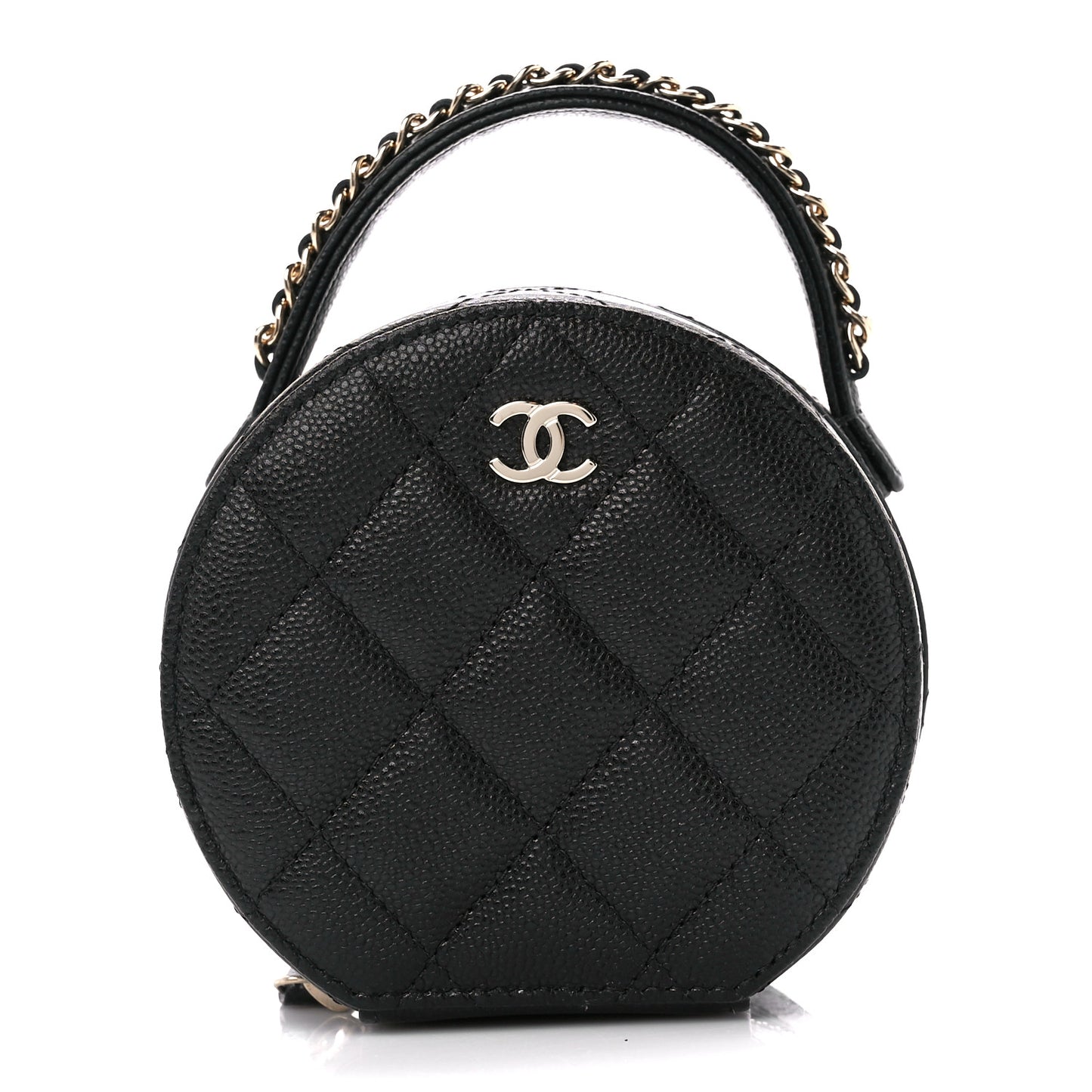 Caviar Quilted Round Top Handle Jewelry Case With Chain Black
