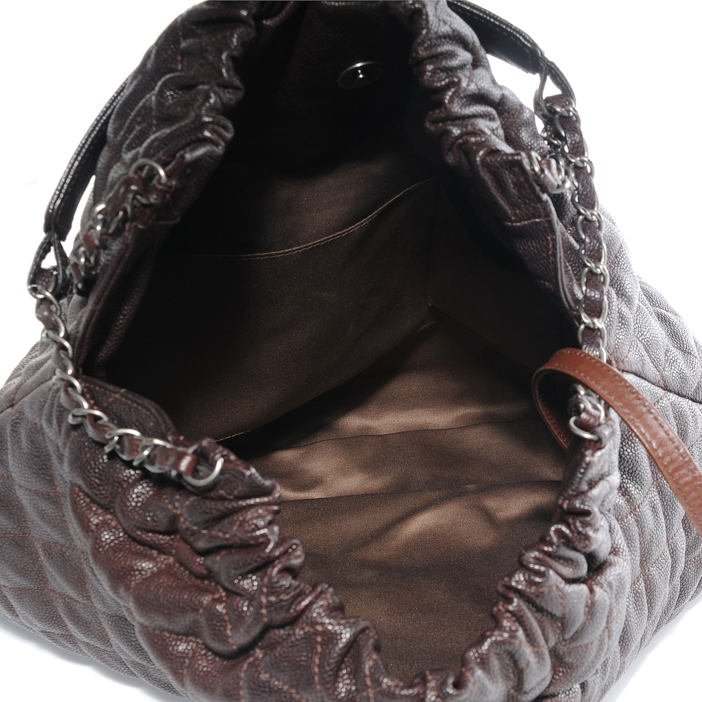 Distressed Glazed Caviar Quilted Large Elastic Tote Brown