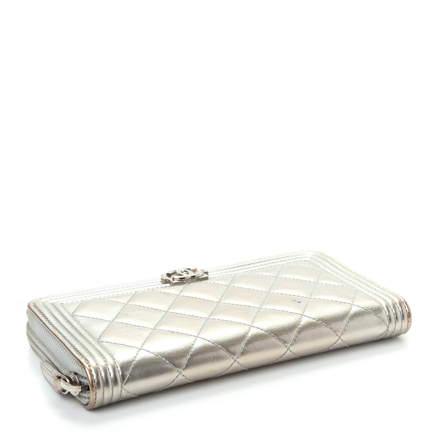 Metallic Calfskin Quilted Boy Zip Around Wallet Silver