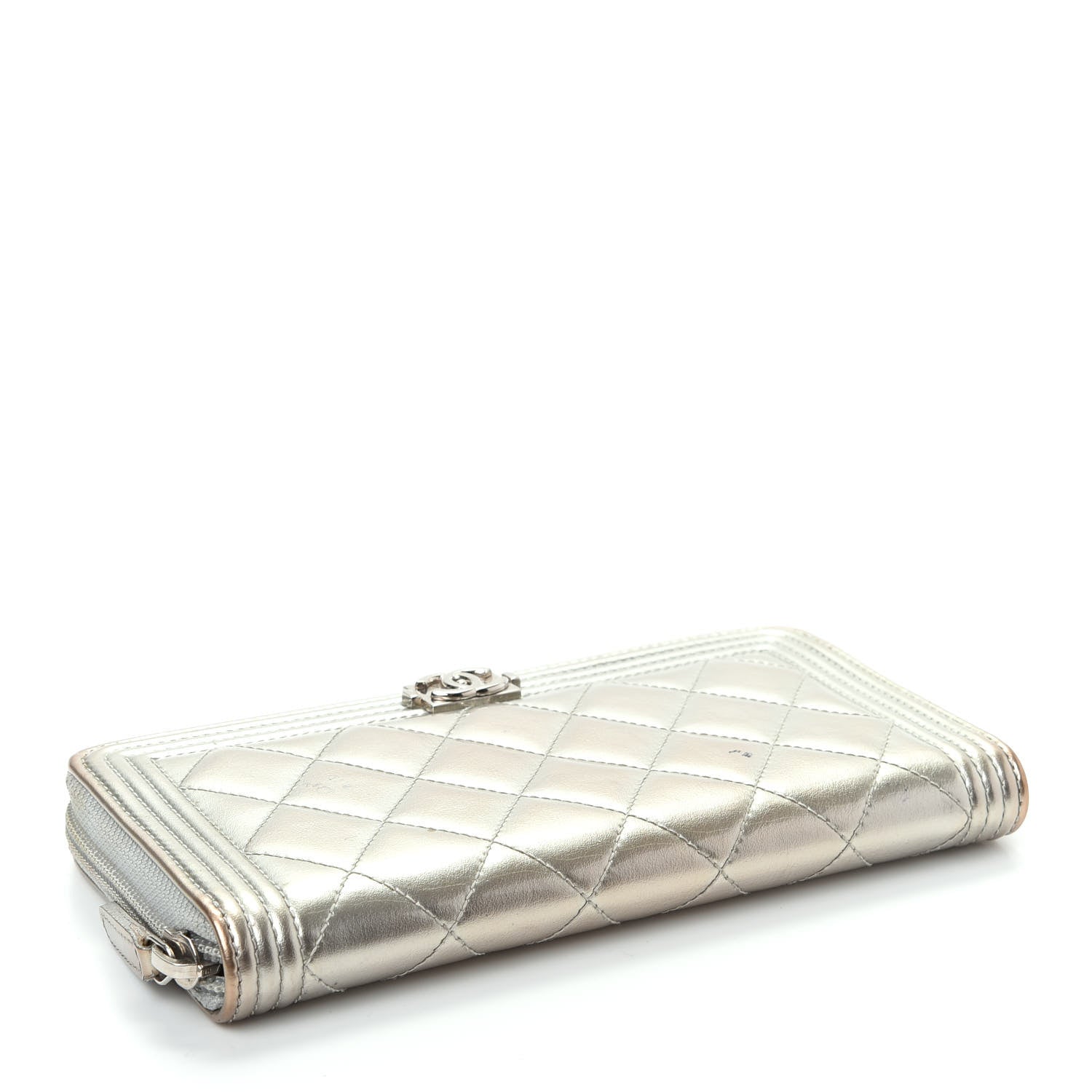 Chanel Metallic Calfskin Quilted Boy Zip Around Wallet Silver 4 of 13