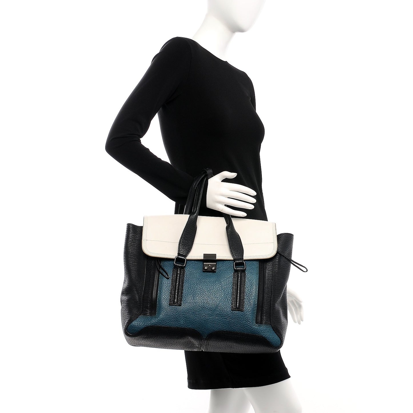 3.1 Textured Calfskin Colorblock Large Pashli Satchel Dark Teal