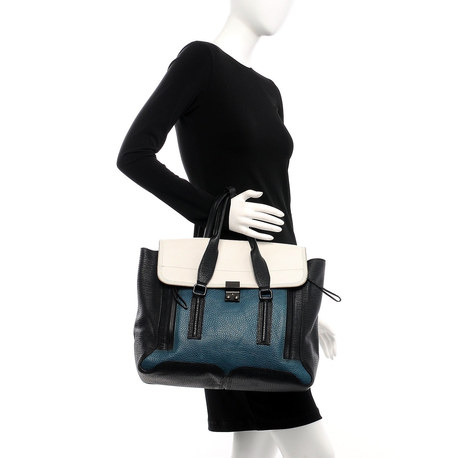 3.1 Phillip Lim 3.1 Textured Calfskin Colorblock Large Pashli Satchel Dark Teal 3 of 10