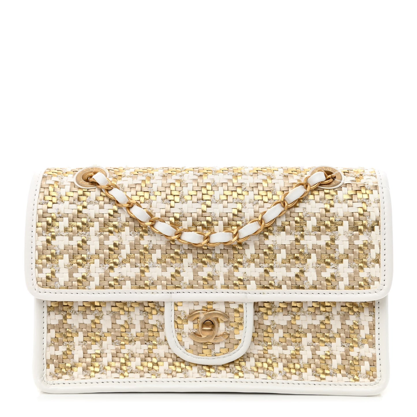 Metallic Lambskin Viscose Woven Flap Gold White