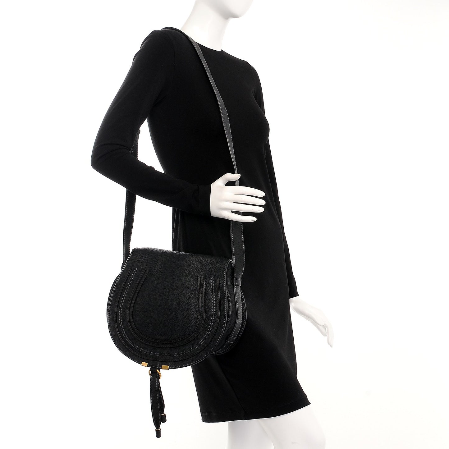 Calfskin Medium Marcie Round Crossbody Bag Black