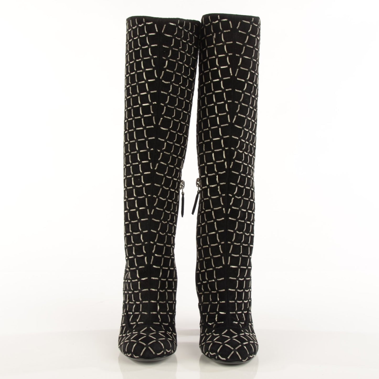 Kid Suede Chain Quilted Knee High Boots 35 Black