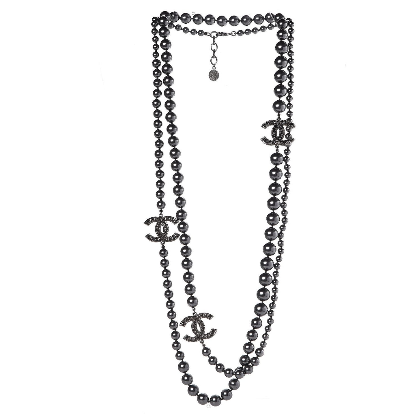 Ruthenium Graduated Pearl CC Long Necklace Dark Grey