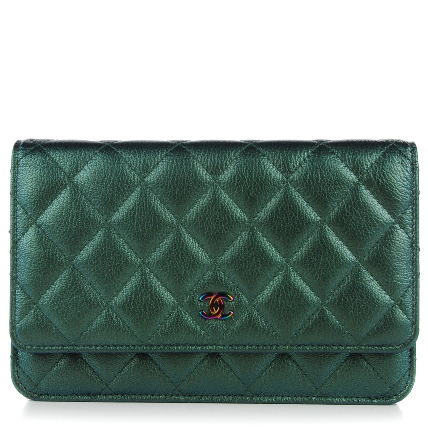 Iridescent Goatskin Quilted Wallet On Chain WOC Green