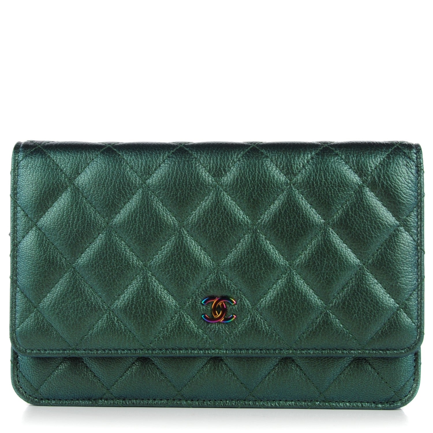 Chanel Iridescent Goatskin Quilted Wallet On Chain WOC Green 1 of 8