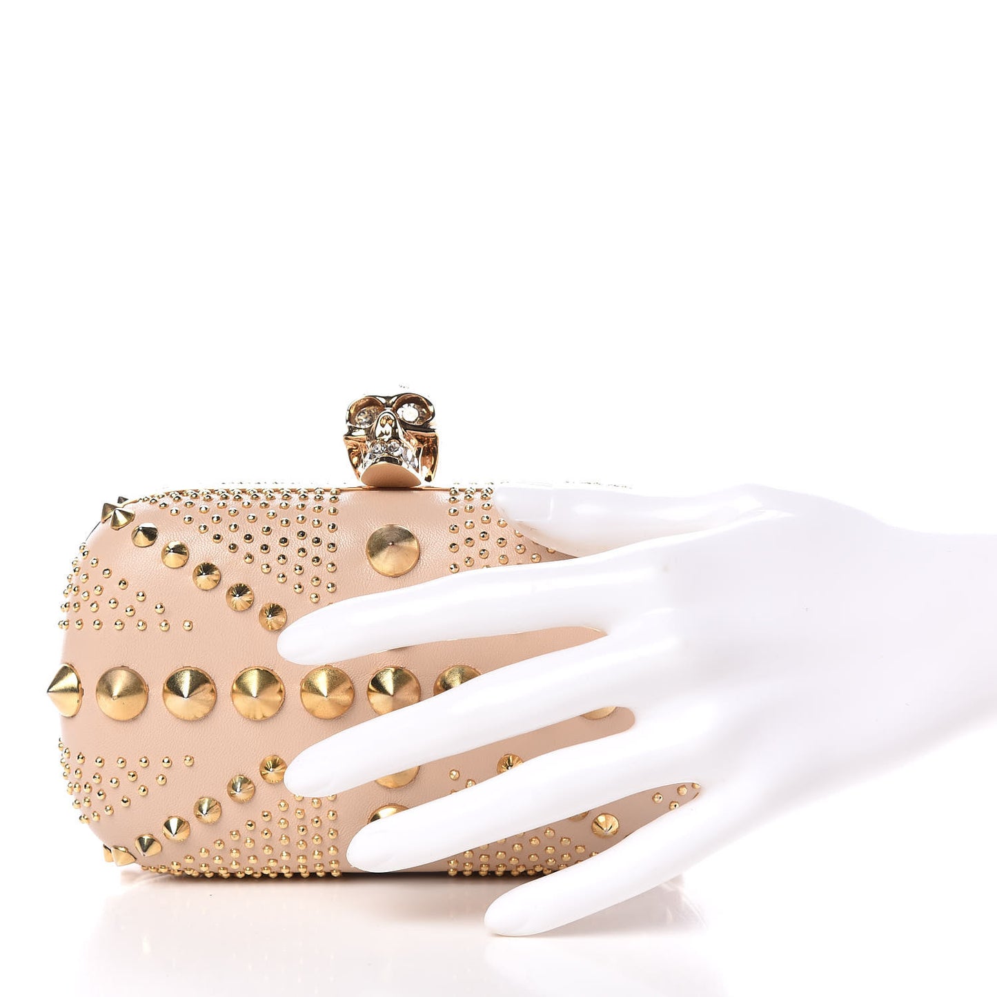 Calfskin Studded Britannia Skull Box Clutch Taupe