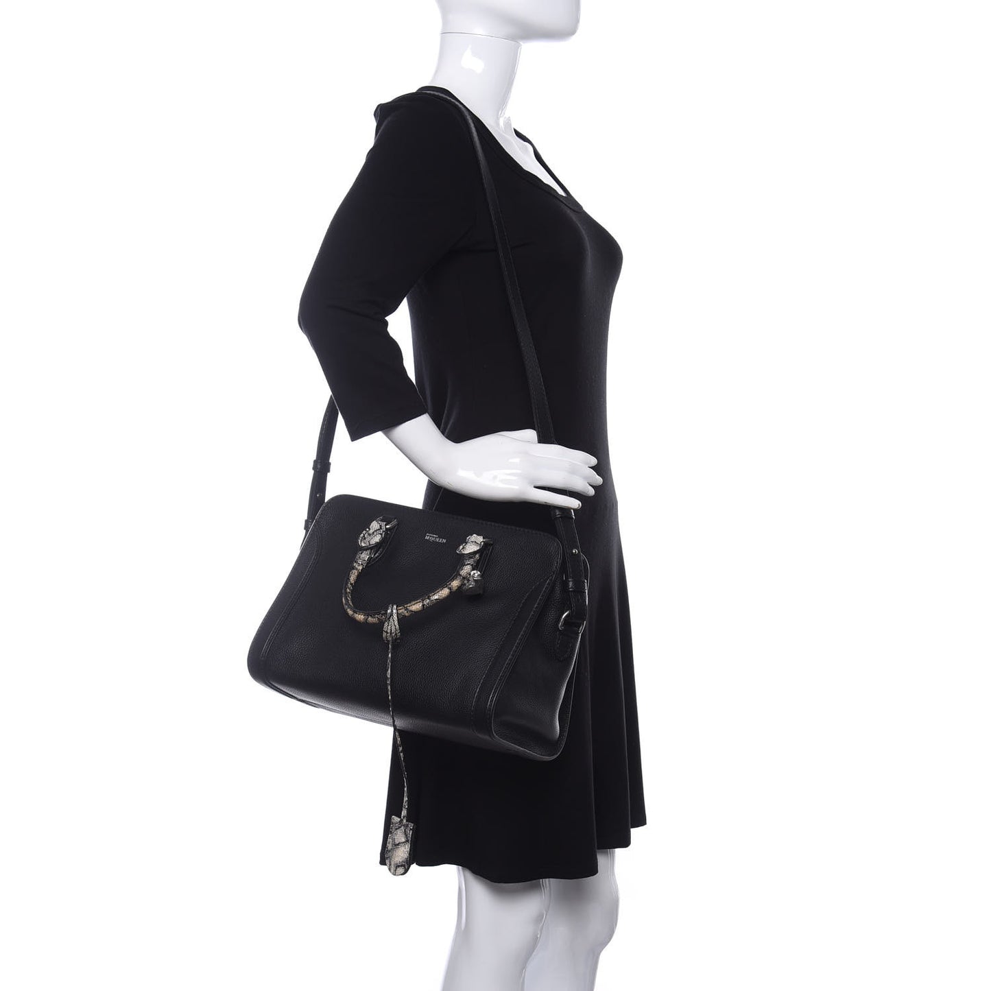 Pebbled Calfskin Snakeskin Small Skull Padlock Zip Around Tote Black