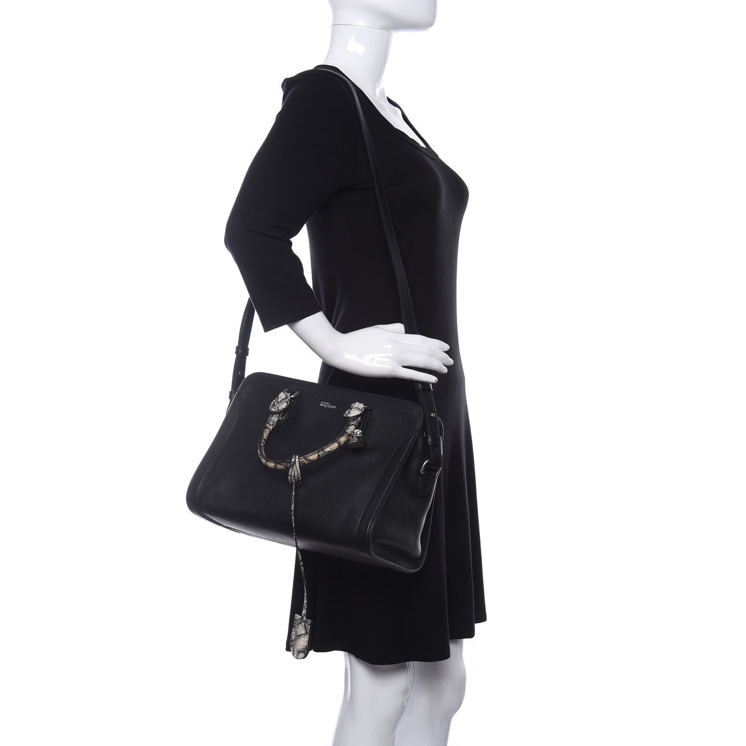 Alexander McQueen Pebbled Calfskin Snakeskin Small Skull Padlock Zip Around Tote Black 2 of 10