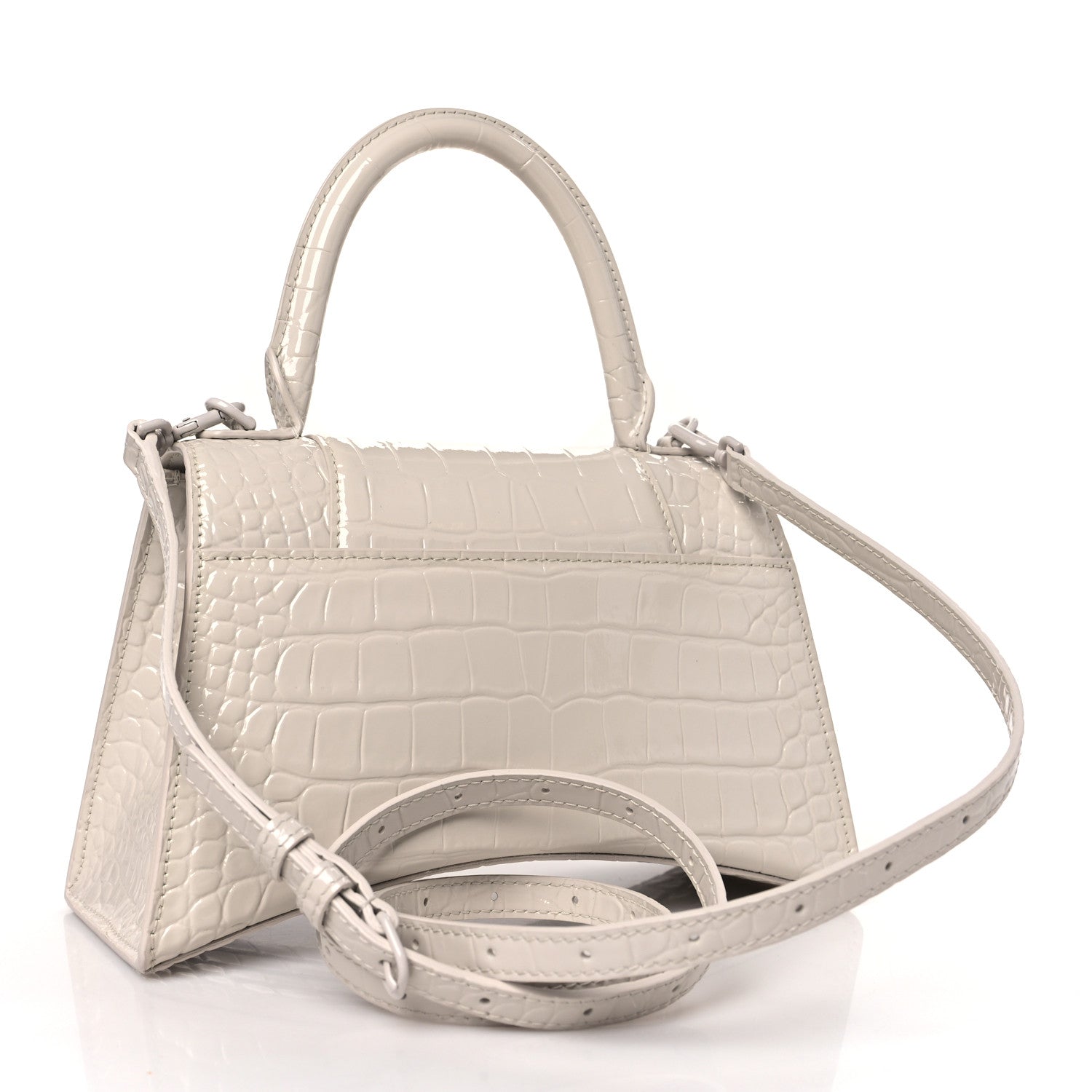Balenciaga Shiny Calfskin Monochrome Crocodile Embossed Hourglass Top Handle Bag XS Nacre 3 of 9