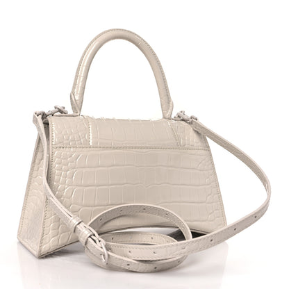 Balenciaga Shiny Calfskin Monochrome Crocodile Embossed Hourglass Top Handle Bag XS Nacre 3 of 9
