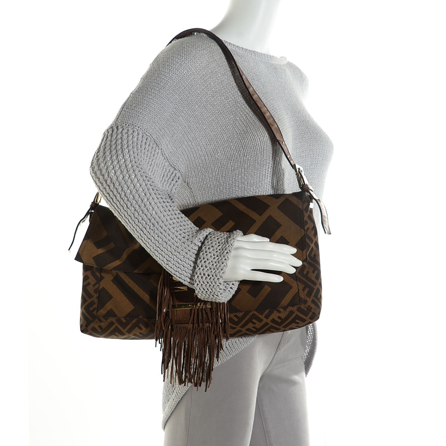 Fendi Fabric Macro FF Diagonal Large Convertible Baguette Tobacco 2 of 10