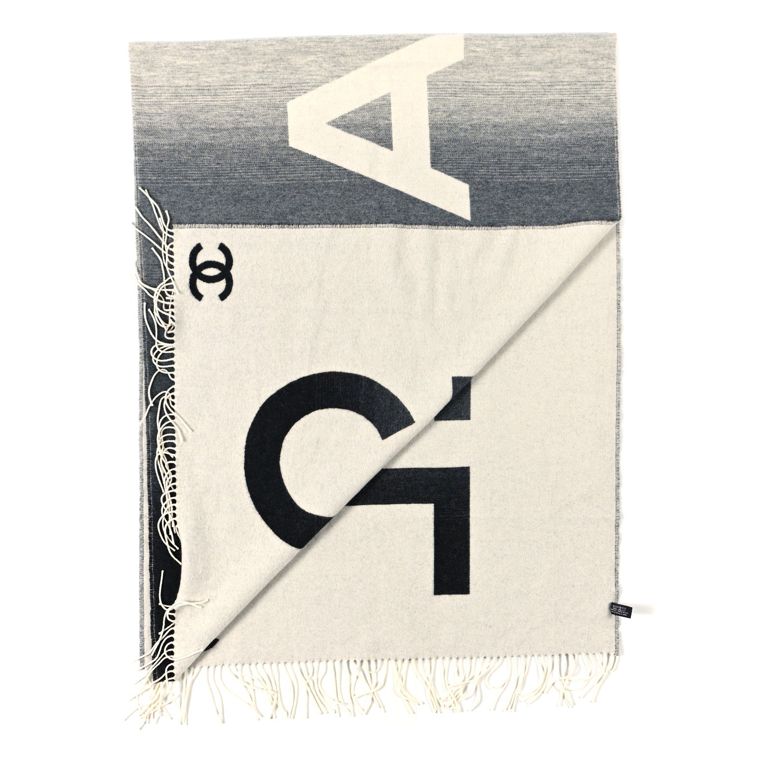 Chanel Cashmere Wool Logo Stole Black White 3 of 4
