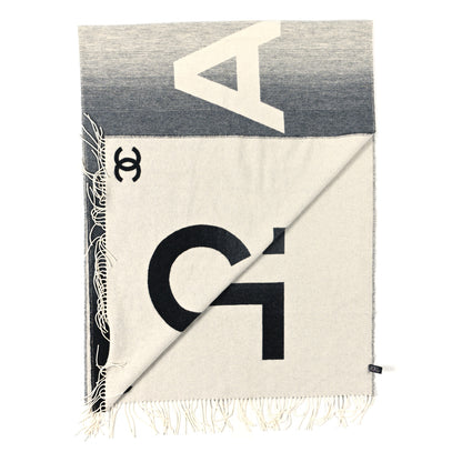 Chanel Cashmere Wool Logo Stole Black White 3 of 4