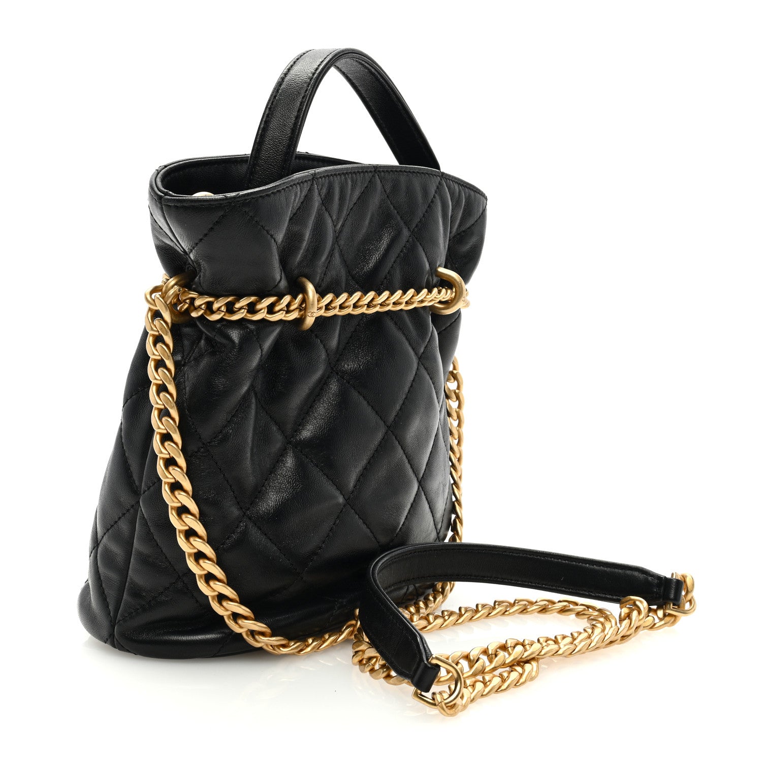 Chanel Lambskin Enamel Quilted Pending CC Bucket Drawstring Bag Black 3 of 9