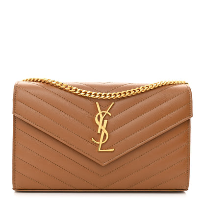 Saint Laurent Grain De Poudre Matelasse Chevron Monogram Chain Wallet Dark Natural 1 of 10