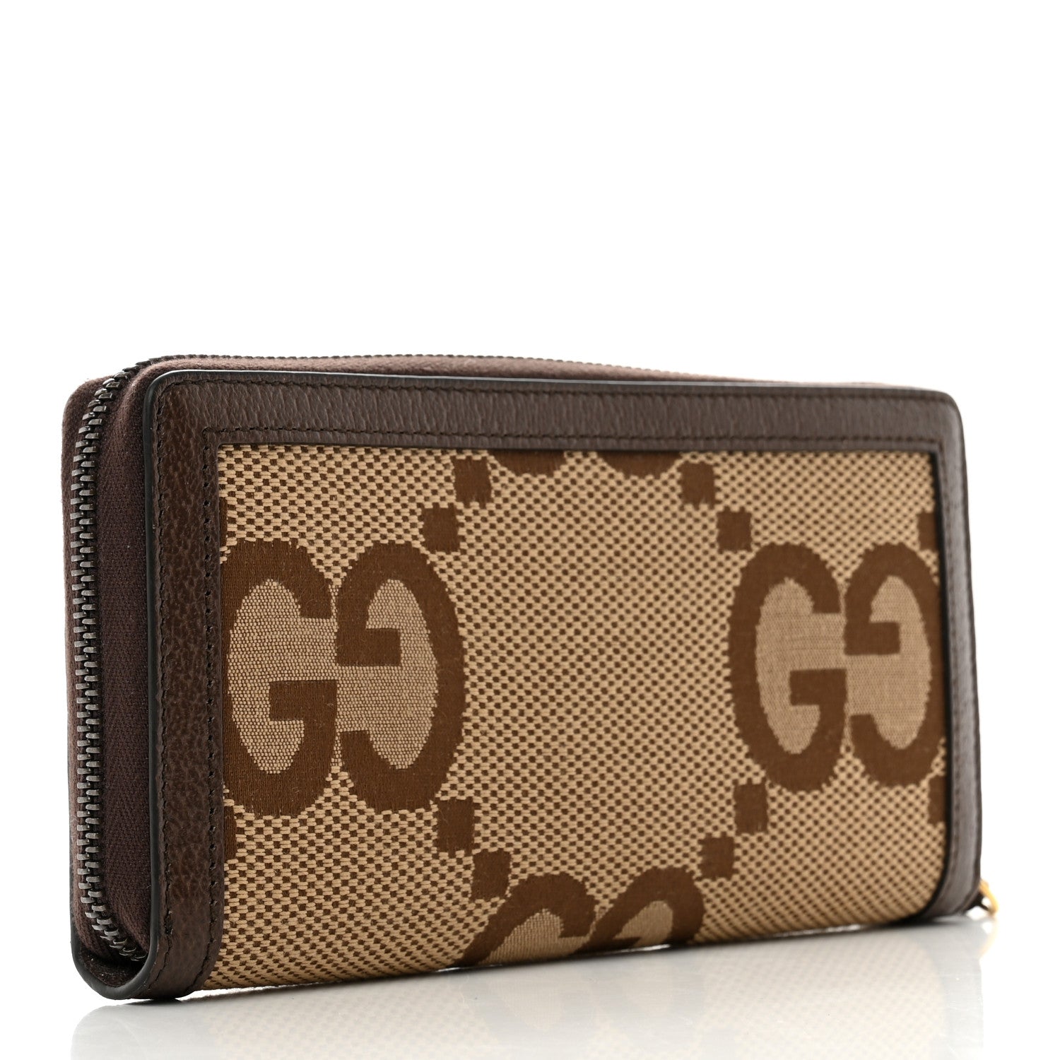Gucci Monogram Jumbo GG Textured Dollar Calfskin Diana Zip Around Continental Wallet Camel Ebony New Acero 3 of 8